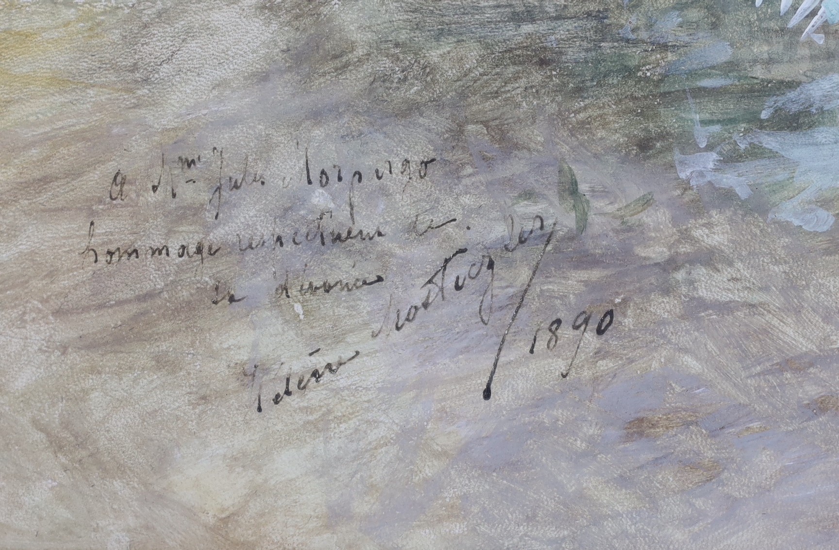 Helena Mostingles (19th C.), watercolour, 'Family group under trees', signed and dated 1890, fan shaped, 34 x 67cm (a.f.)